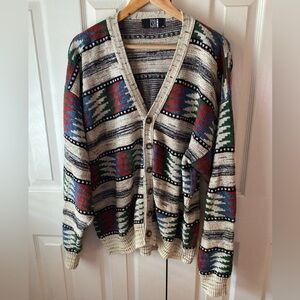 VINTAGE 1980s TSR 3-D Knit Aztec Southwest Grandpa Button Cardigan XL